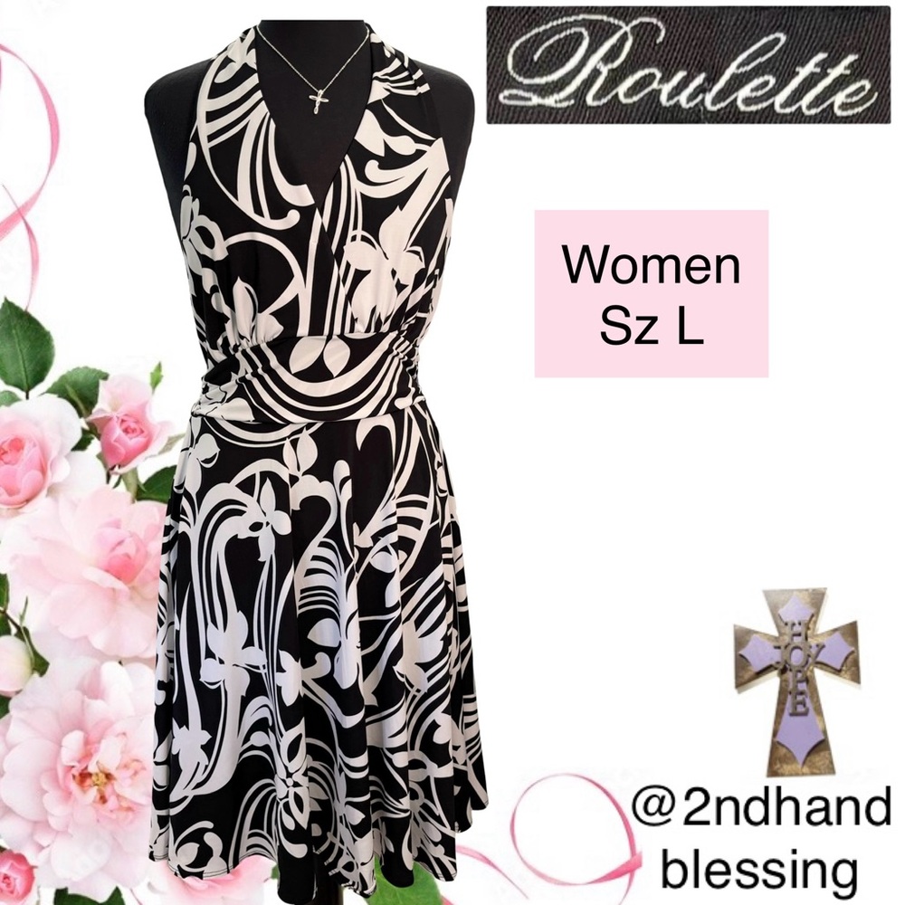 Roulette Halter Dress, Women Sz L, Black and White Floral Design, Stretch